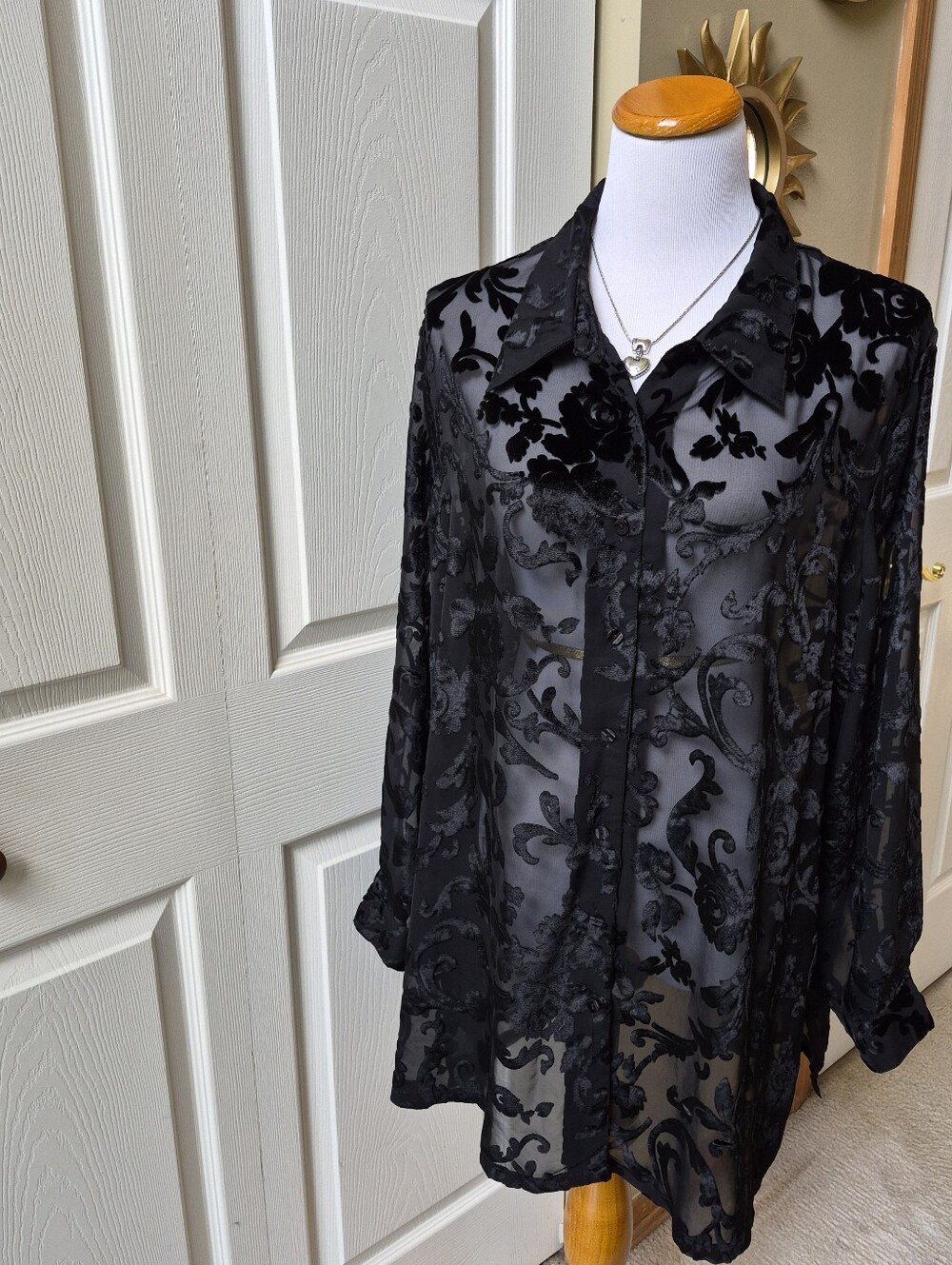 Avenue Black Sheer Burnout Velvet Button-Down Shirt